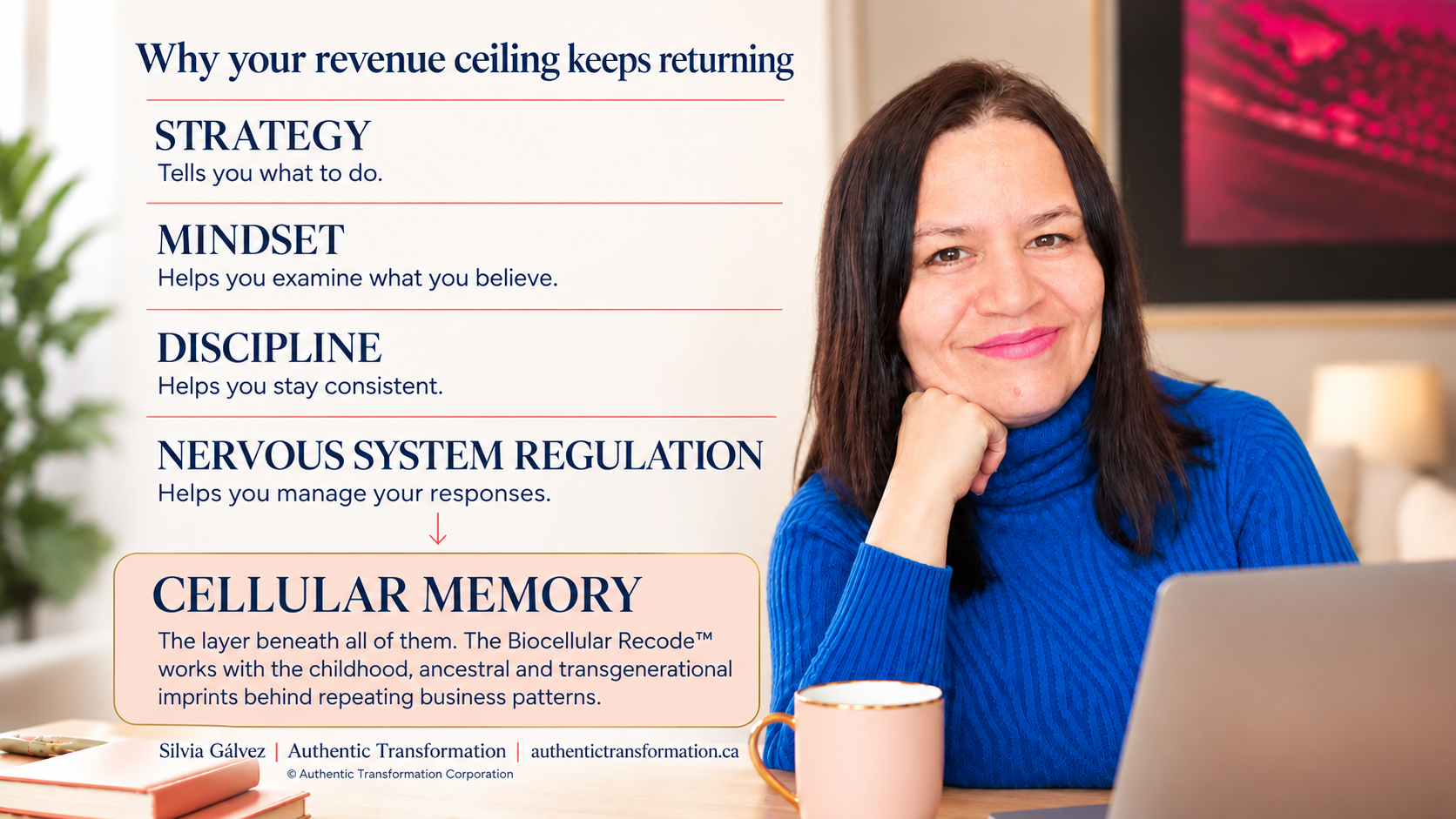 Why your revenue ceiling keeps returning" showing a list comparing Strategy, Mindset, Discipline, and Nervous System Regulation, pointing down to a highlighted box for Cellular Memory—The Biocellular Recode by Silvia Gálvez. Alongside the text is a photo of Silvia Gálvez sitting warmly at a desk with a laptop and mug.