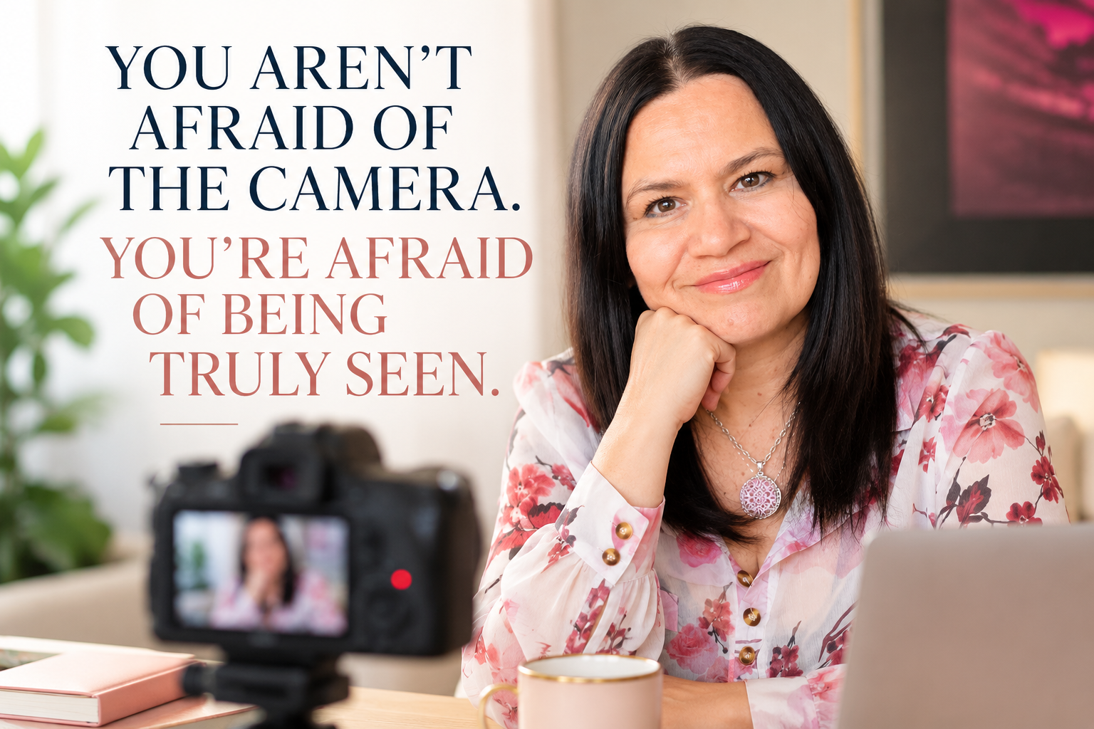 YOU ARE NOT AFRAID OF THE CAMERA, YOU ARE AFRAID OF BEING TRULY SEEN Silvia Gálvez sitting in front of a video camera, illustrating the fear of visibility and being truly seen in business.